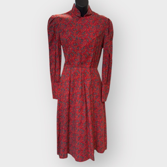 Vintage Late 1970s Early 1980s Red Paisley Prairie Style Dress - Picture 2 of 7
